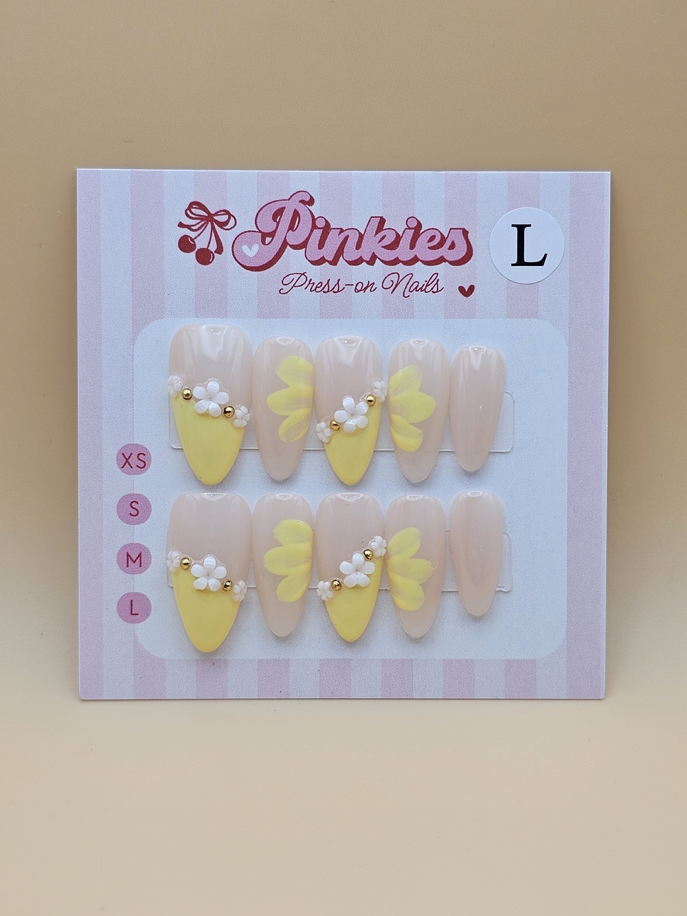 Press-on Nails Set 10pc Size L Almond Yellow Diagonal French Flowers